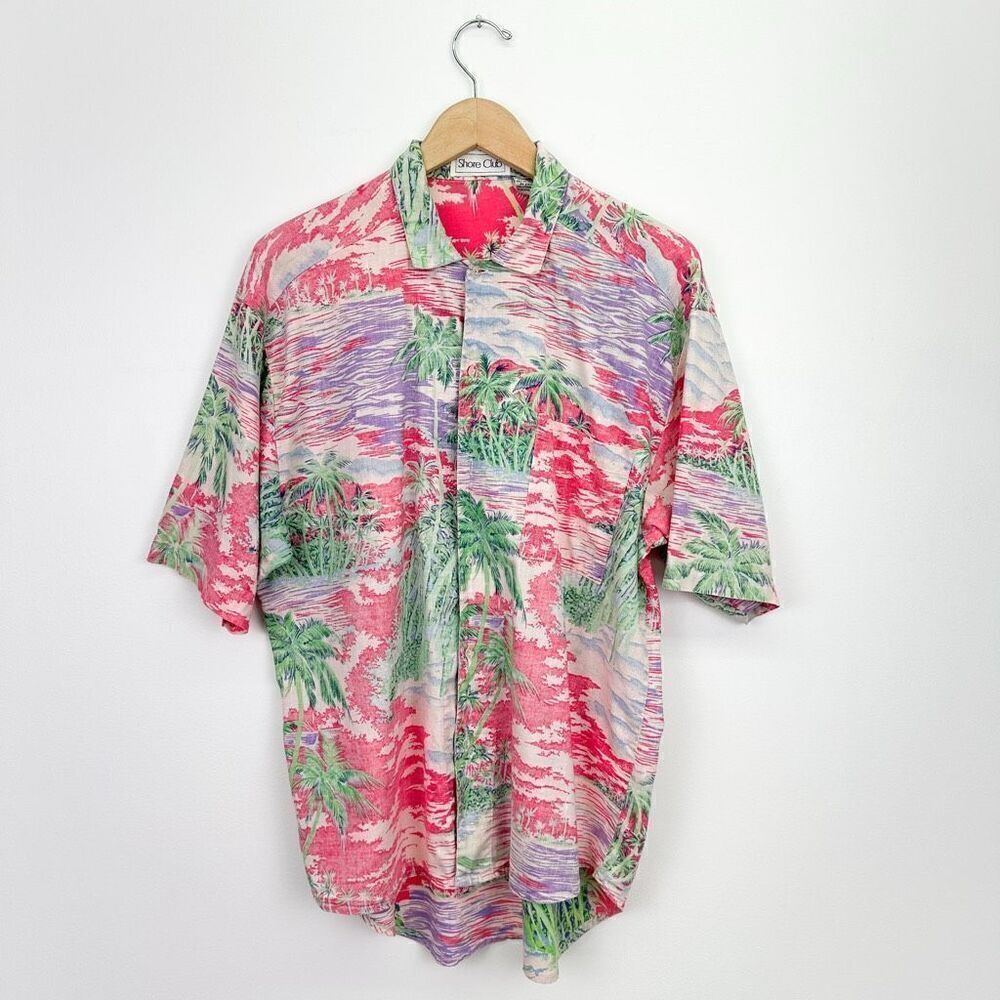 Shore Club Men’s Vintage Pink Tropical Hawaiian Tiki Short Sleeve Buttondown